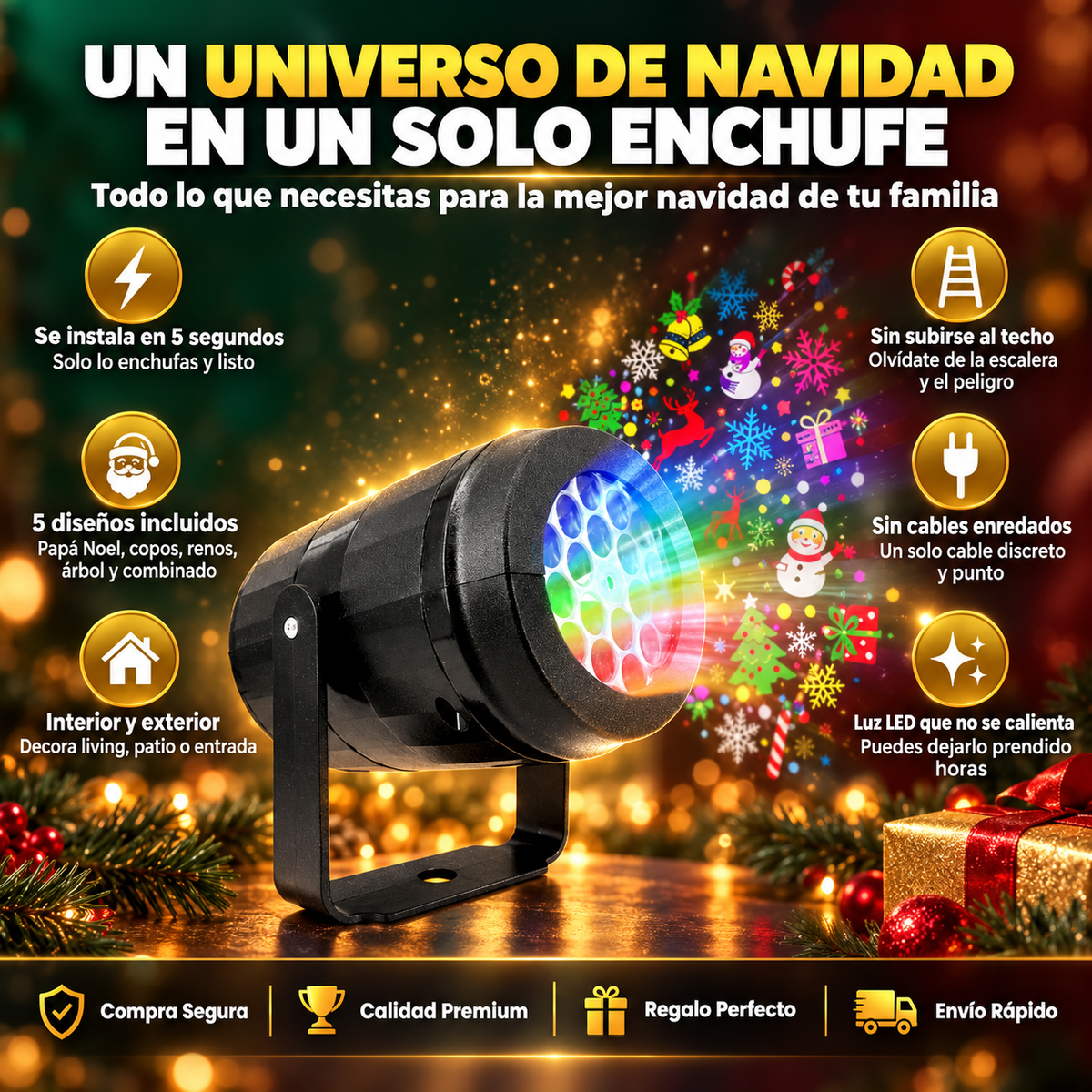 HogarMagic™ Proyector LED de figuras navideñas con 5 diseños intercambiables