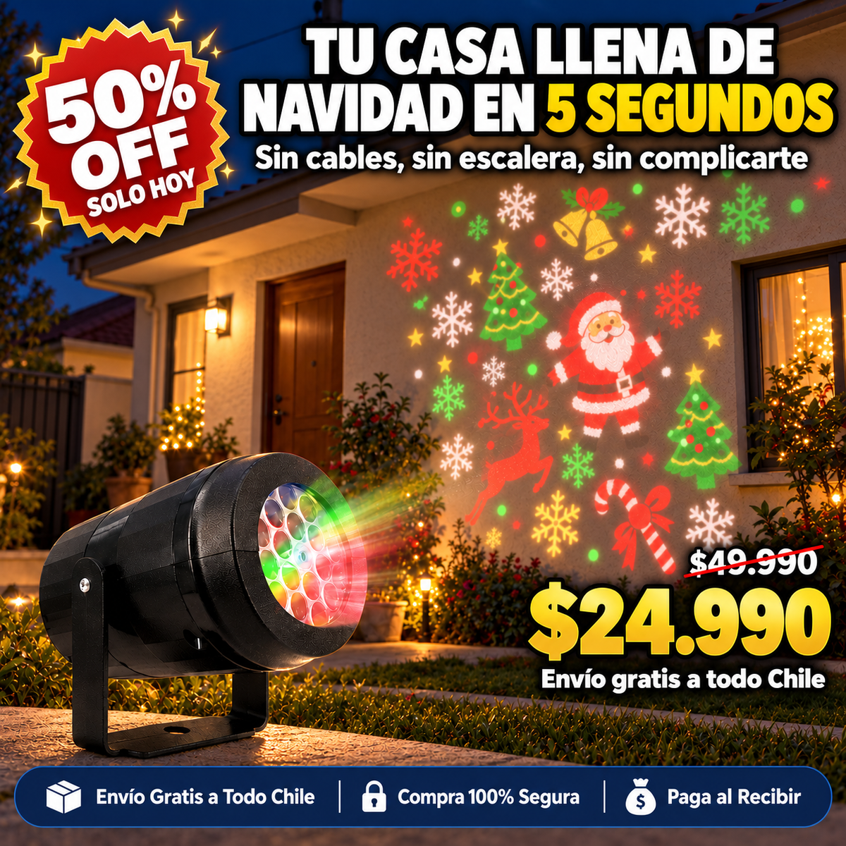 HogarMagic™ Proyector LED de figuras navideñas con 5 diseños intercambiables