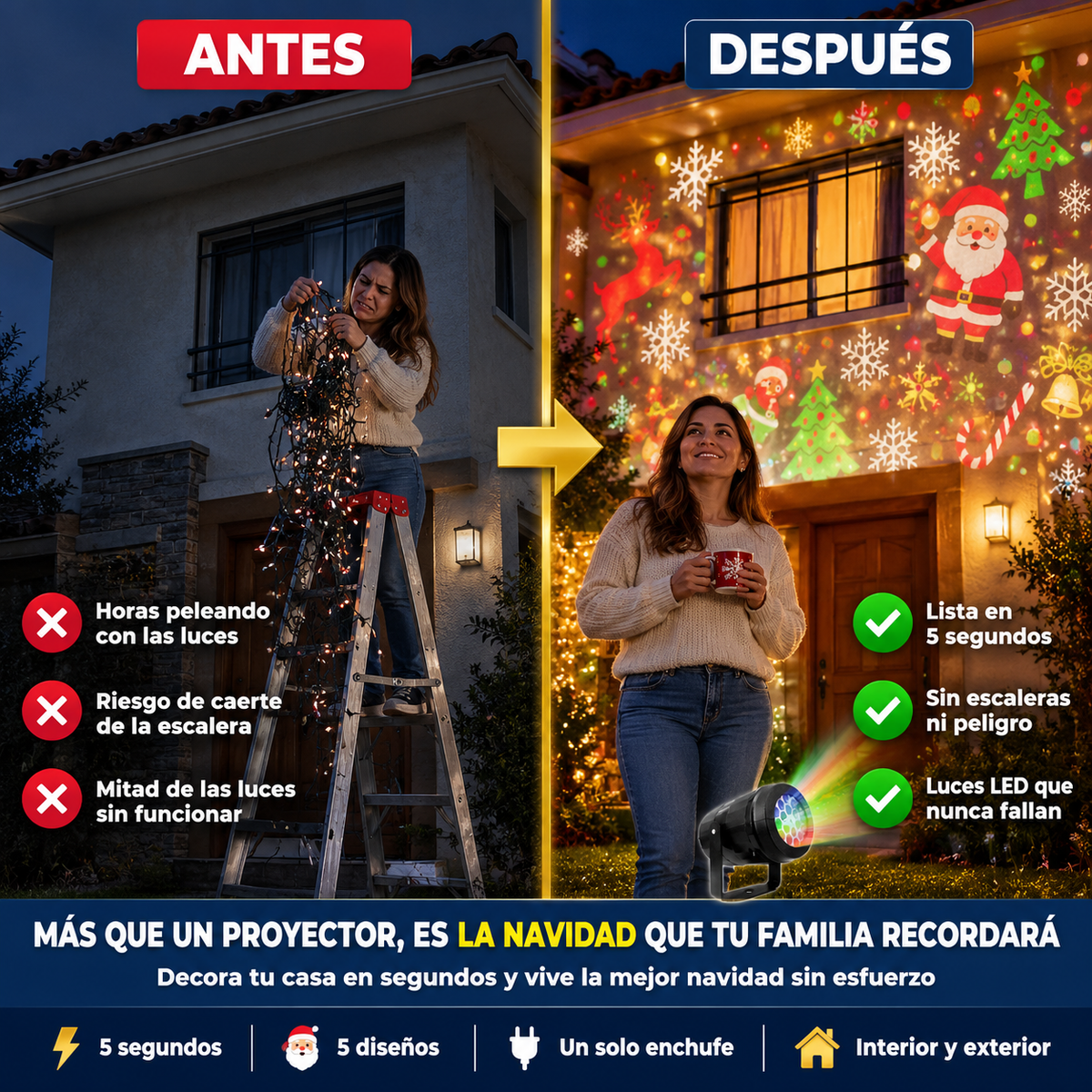 HogarMagic™ Proyector LED de figuras navideñas con 5 diseños intercambiables